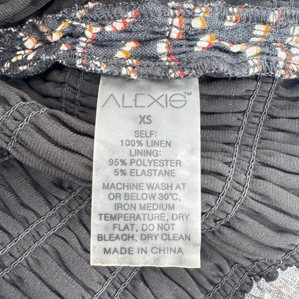 Alexis Mini Dress Womens XS Black Geometric Smocked Puff Sleeve Linen Ruffle